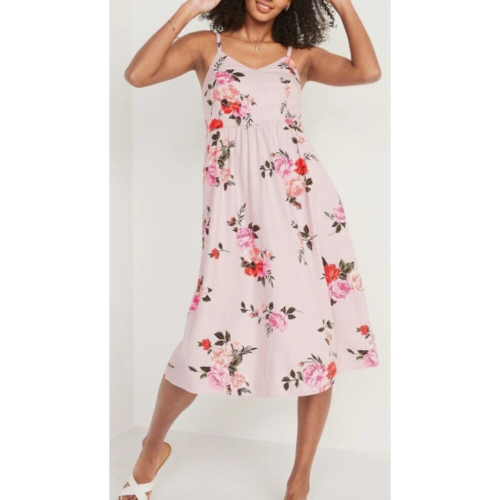 Old Navy Linen Blend Midi Cami Sun Dress Pink Floral Summer Pockets Size XXL